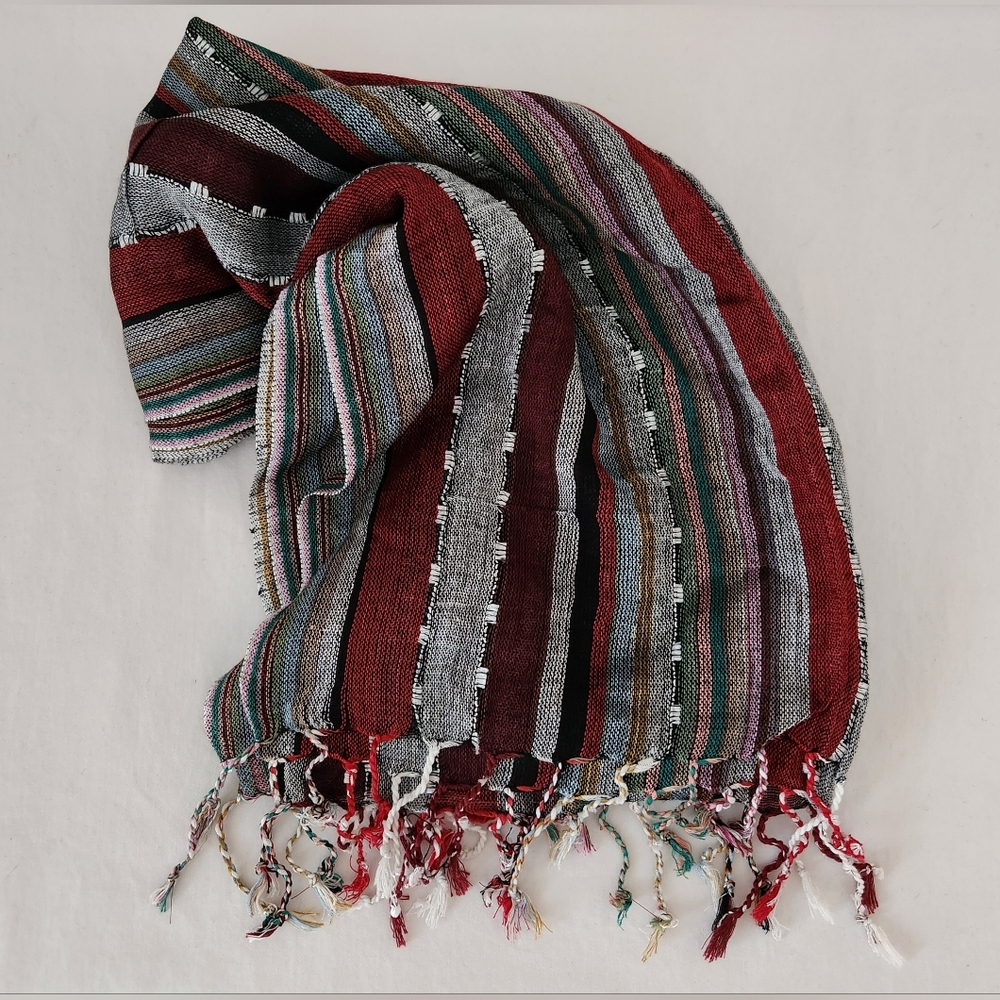 Striped Multicolor Scarf with Fringe - Deep Tones Red Green Black - 70" x 19.5"
